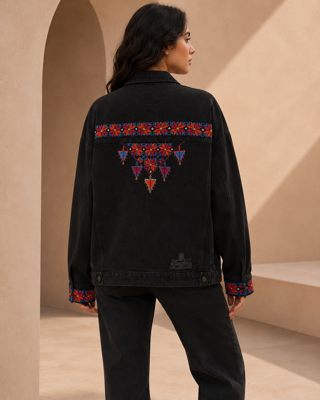Midnight Heritage Handcrafted Palestinian Tatreez Denim Jacket