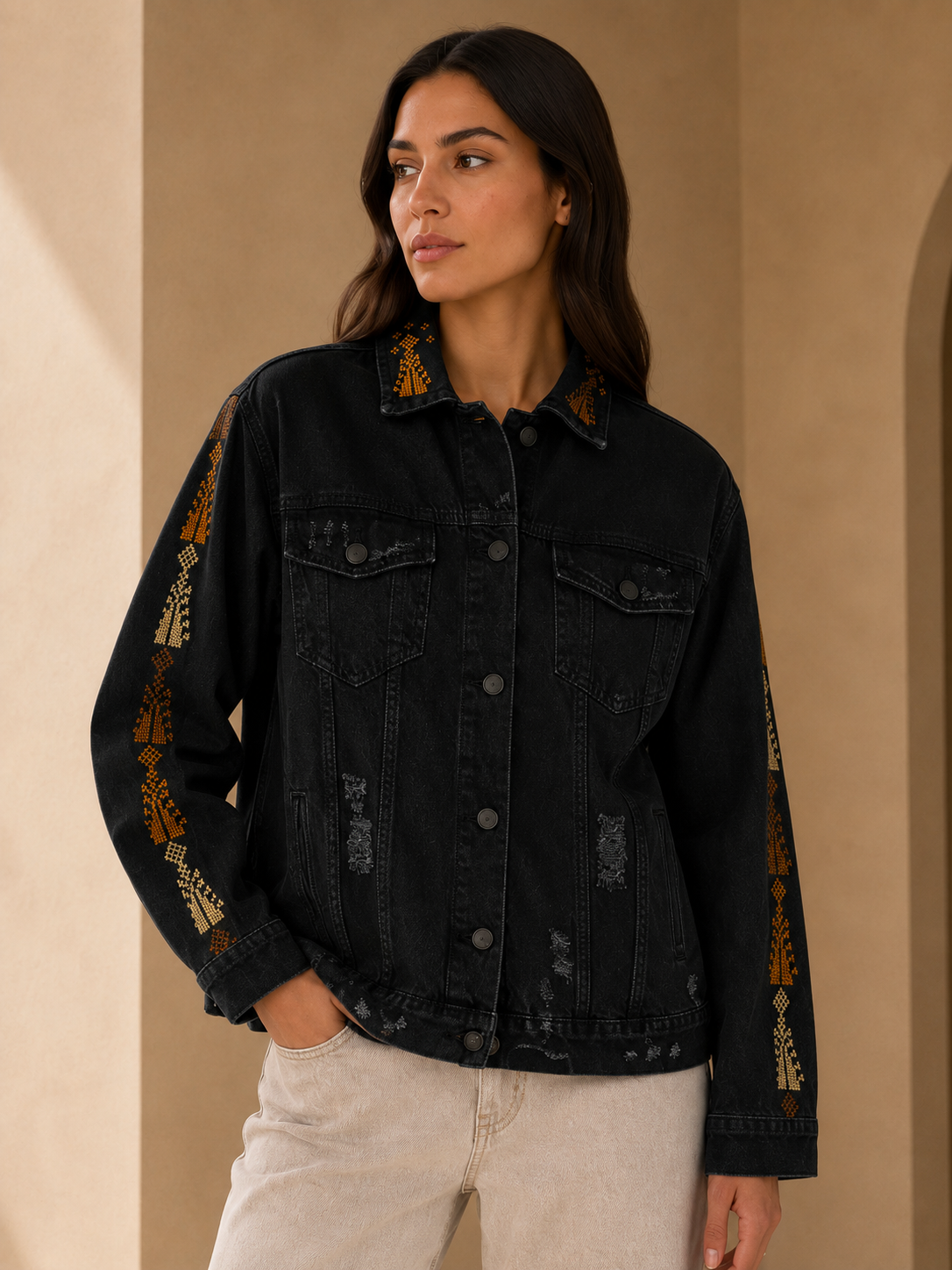 Midnight Handcrafted Palestinian Tatreez Denim Jacket
