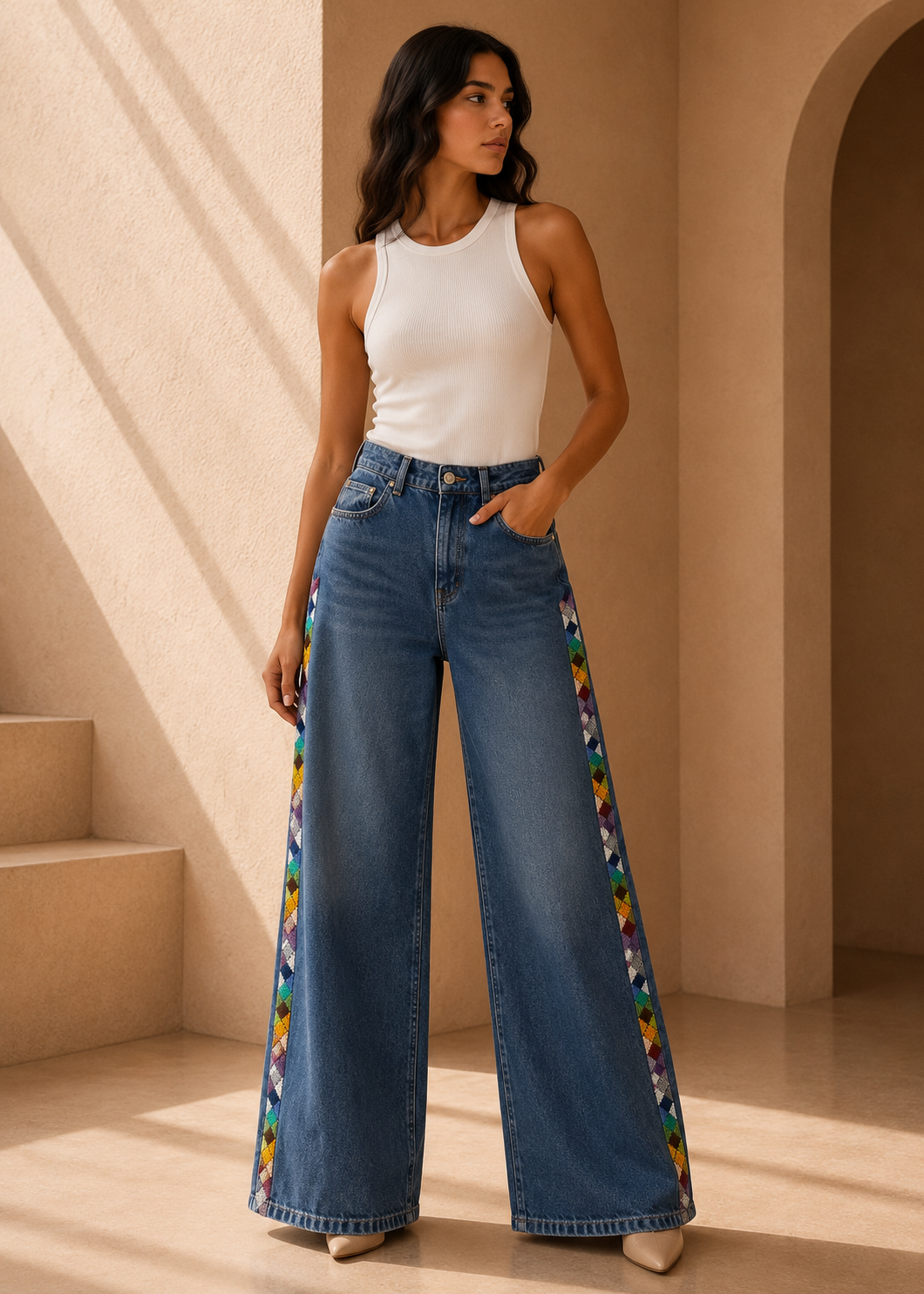 Mosaic Handcrafted Palestinian Tatreez Wide-Leg Jeans