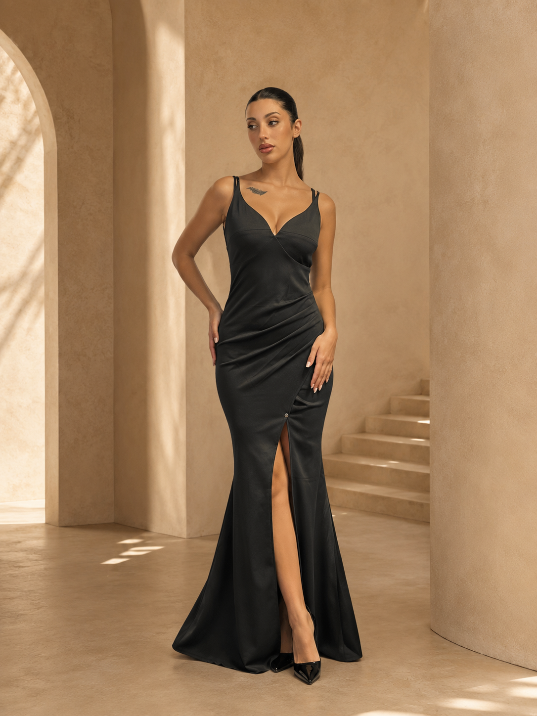 Edmonds Draped Satin Mermaid Gown – Black