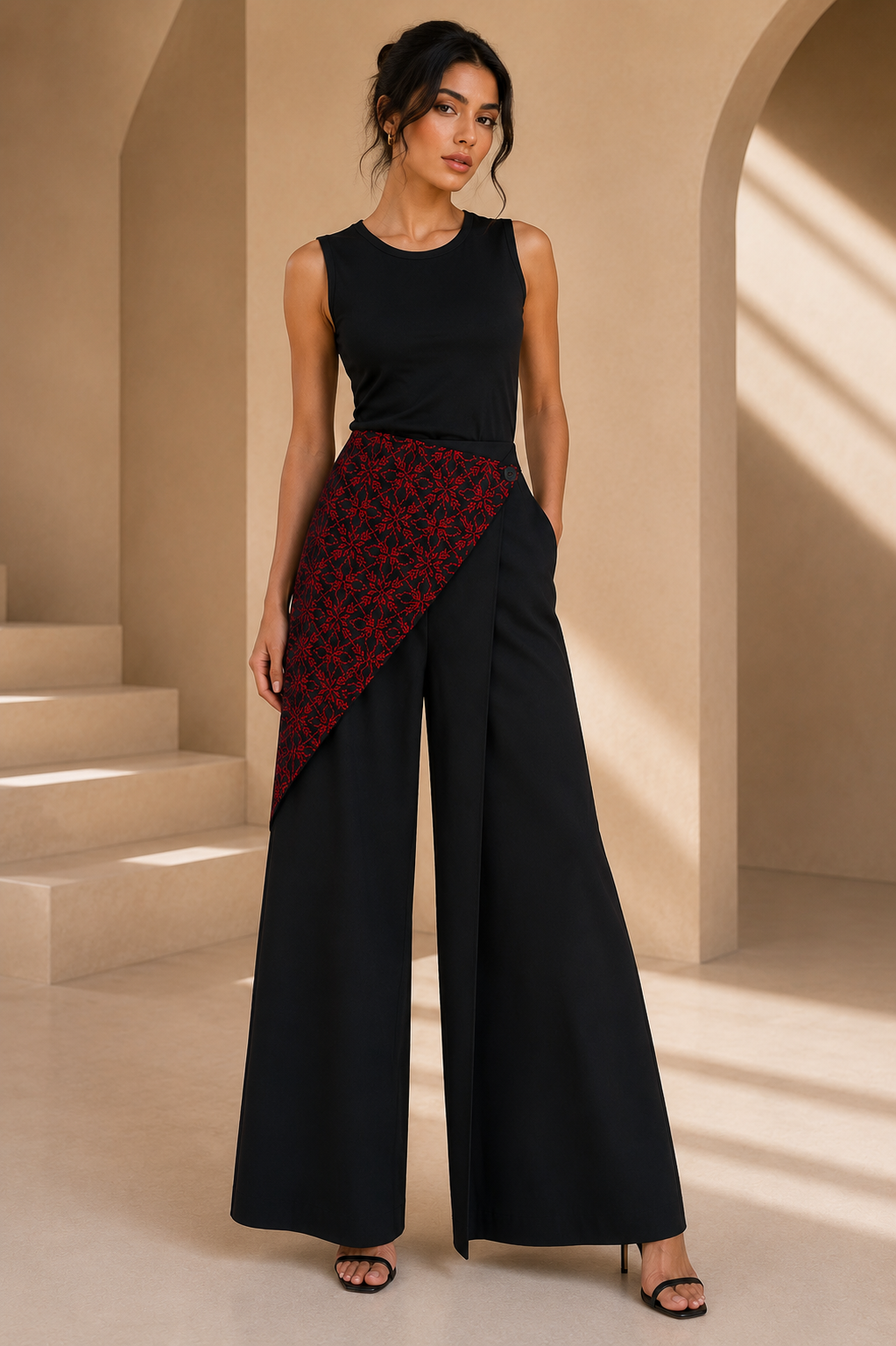 Tatreez Overlay Wide-Leg Jumpsuit – Black & Red