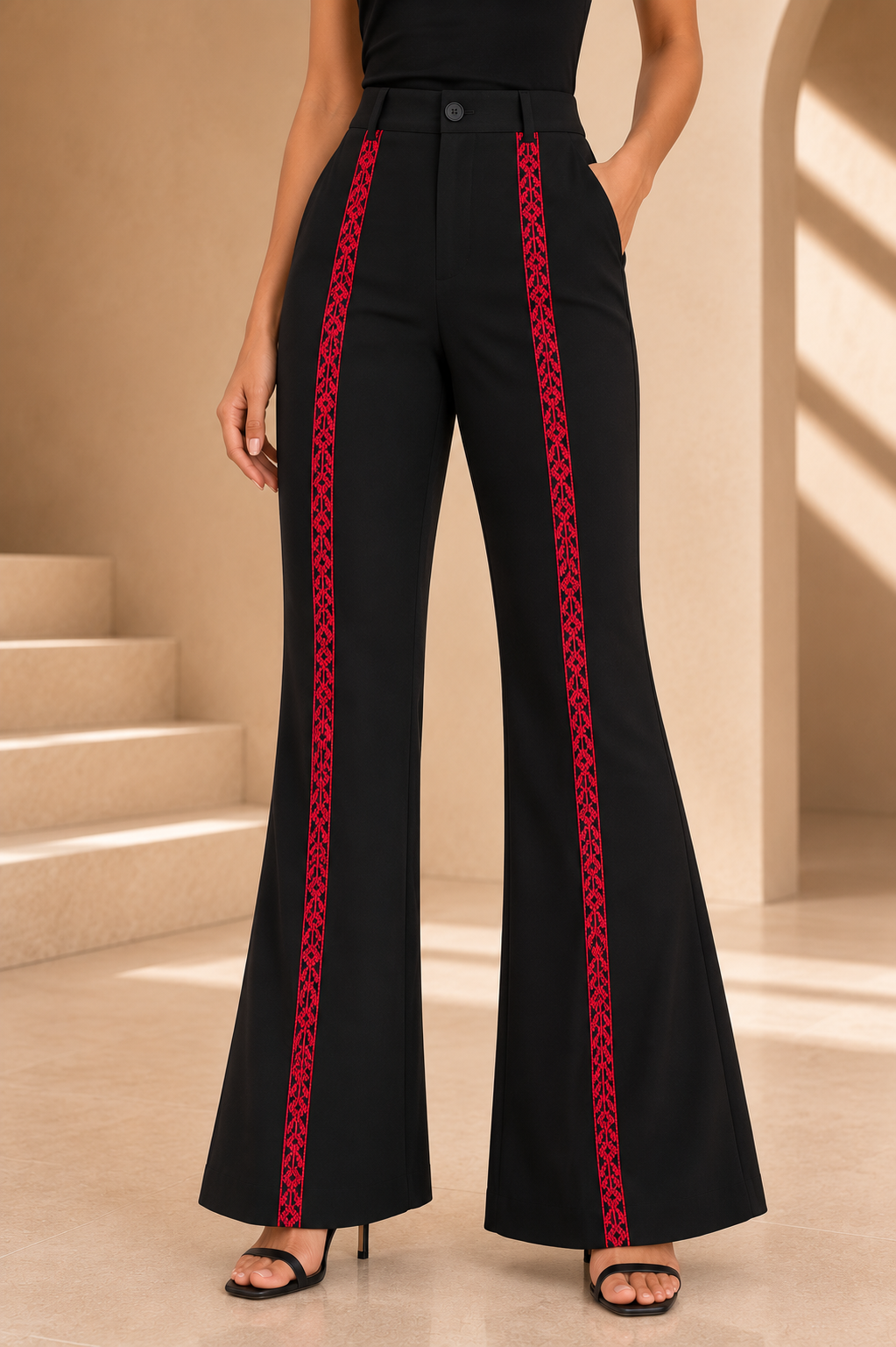 Tatreez Flare Pants – Black & Red