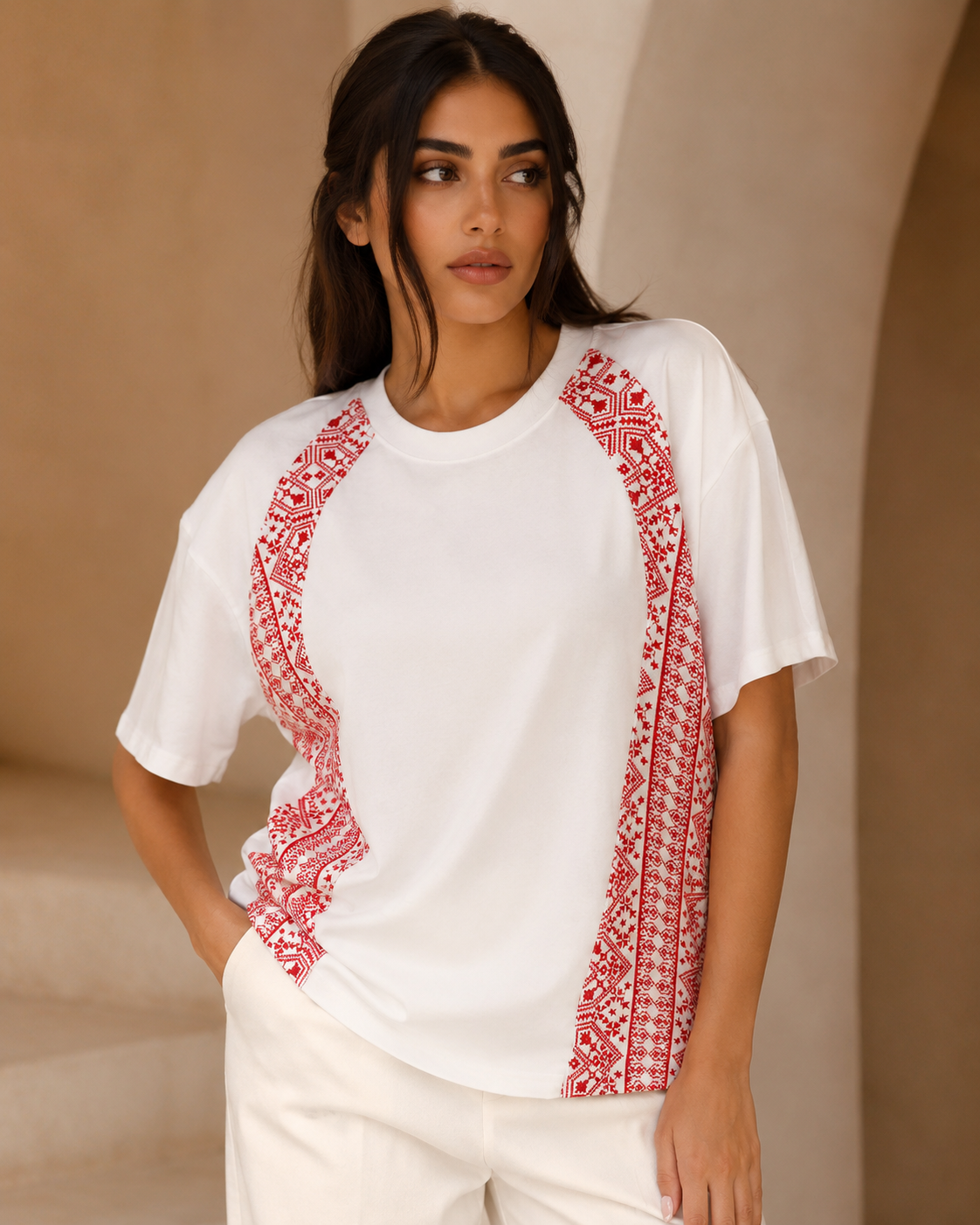 Heritage Tatreez Panel T-Shirt – White & Red