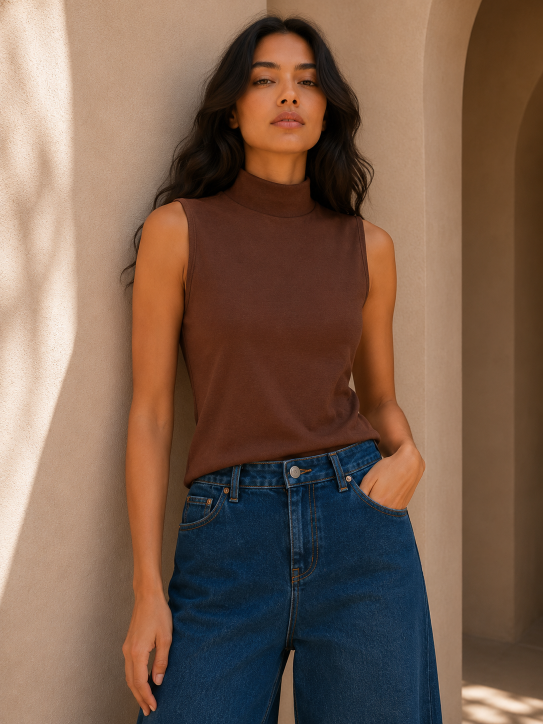Edmonds Sleeveless Mock Neck Knit Top – Mocha