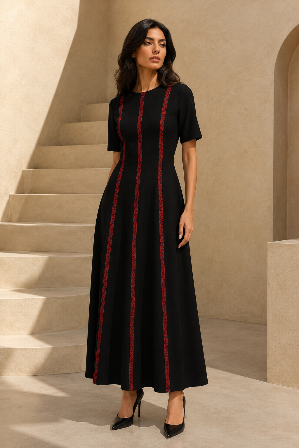 Edmonds Heritage Tatreez Maxi Dress – Black & Crimson