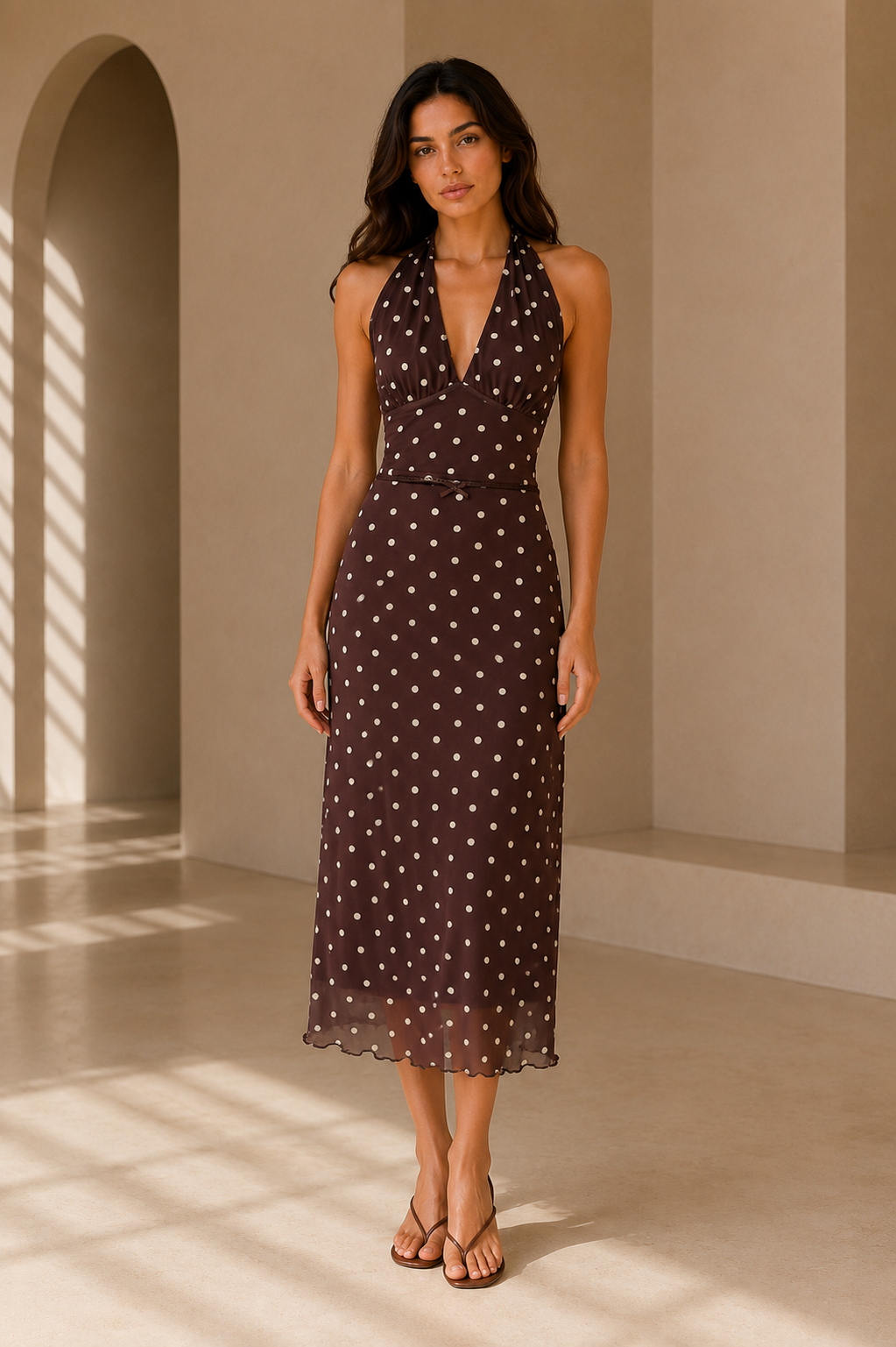 Edmonds Polka Dot Halter Top & Midi Skirt Set – Brown