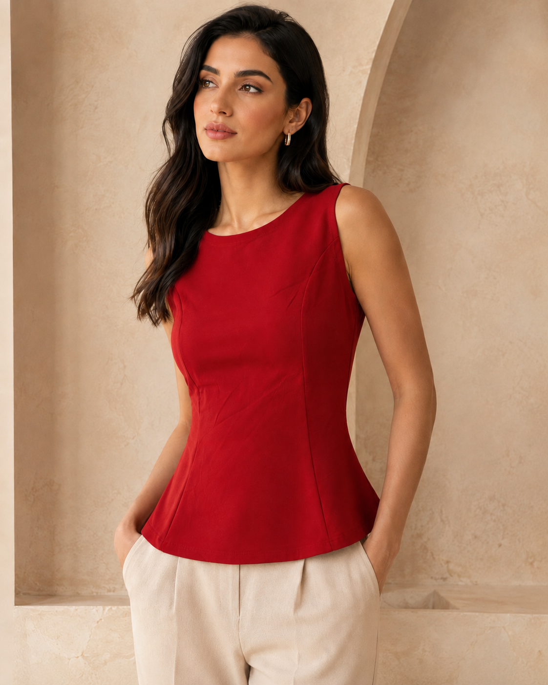 Edmonds Fitted Peplum Sleeveless Top – Red