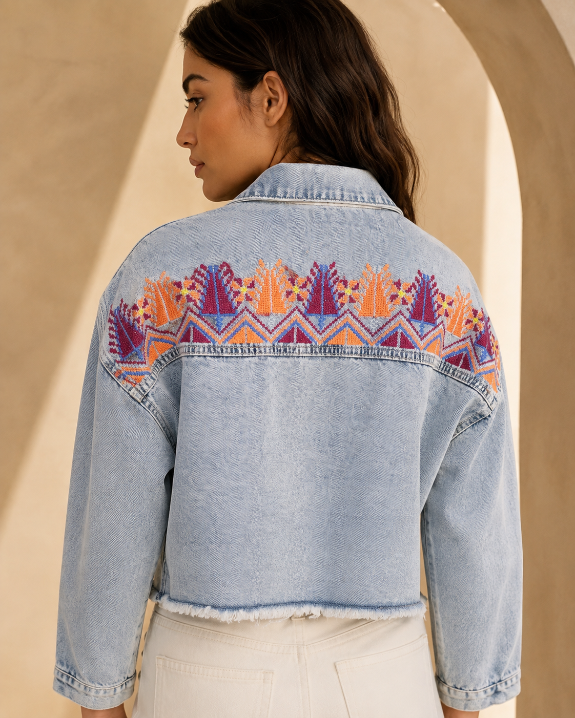 Edmonds Embroidered Cropped Denim Jacket – Light Blue - Image 2