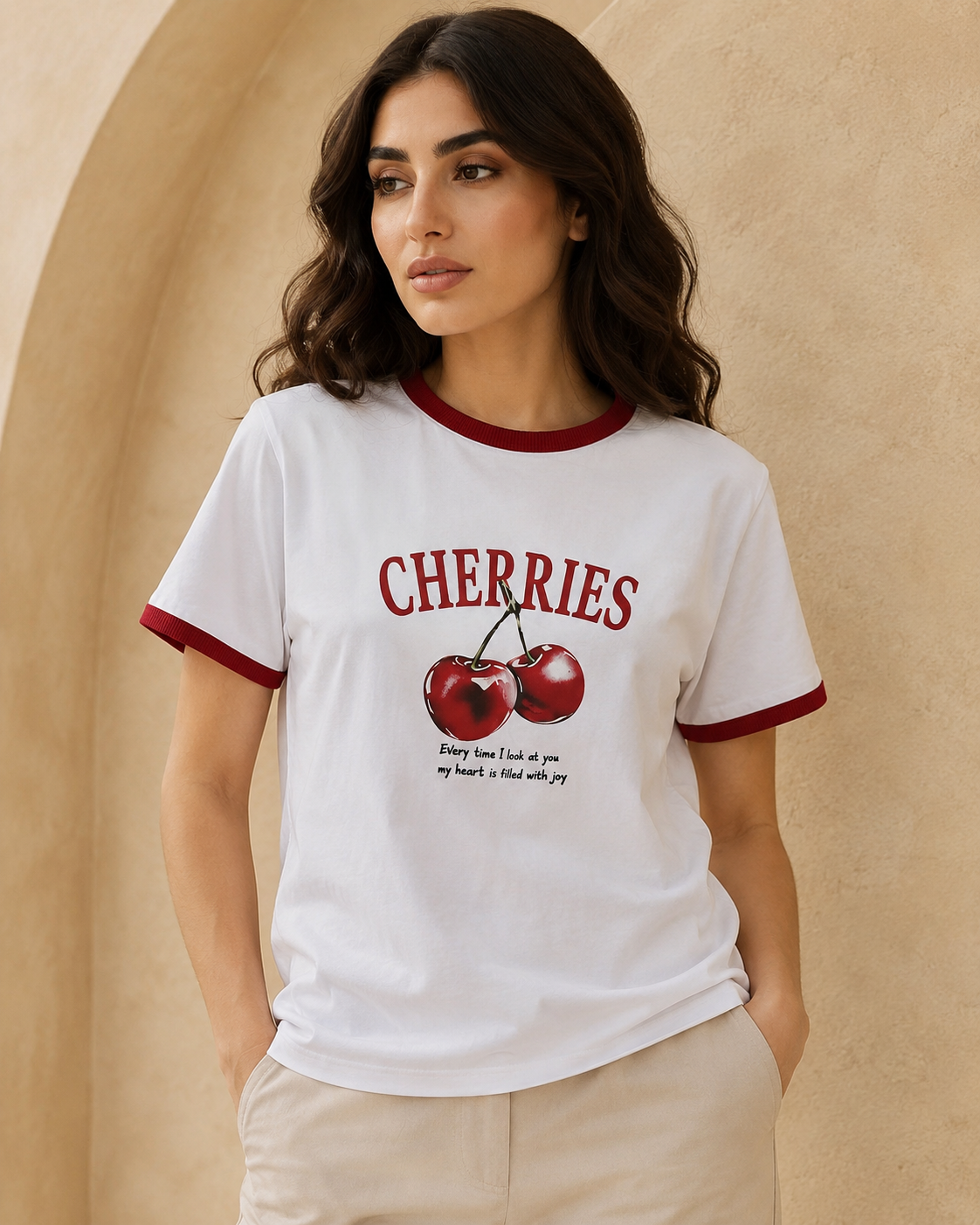 Cherry Graphic Ringer T-Shirt – White & Red