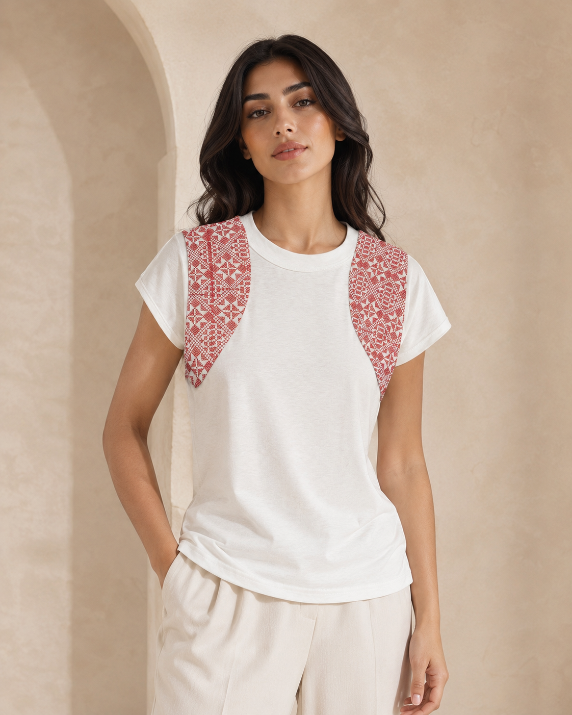 Palestinian Tatreez Shoulder Detail T-Shirt – White