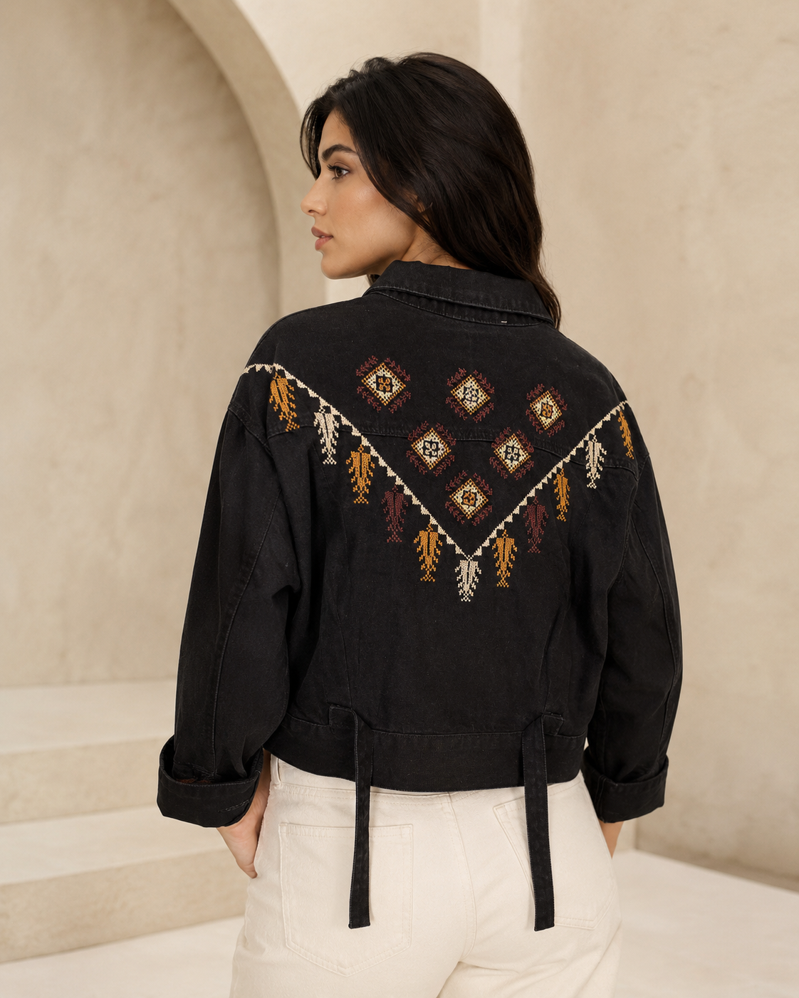 Hand-Embroidered Black Tatreez Denim Jacket