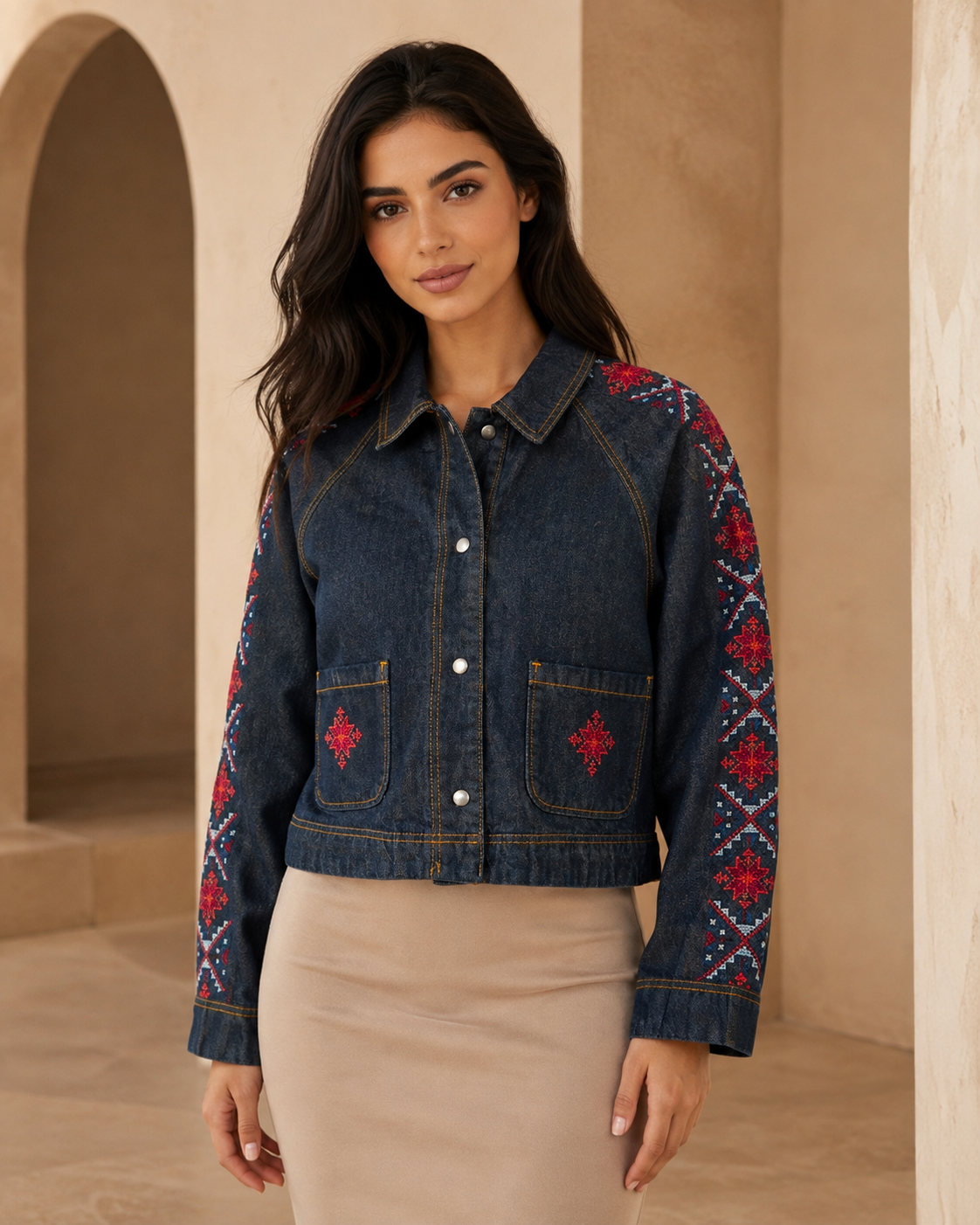 Edmonds Handmade Tatreez Cropped Denim Jacket – Burgundy Heritage Edition