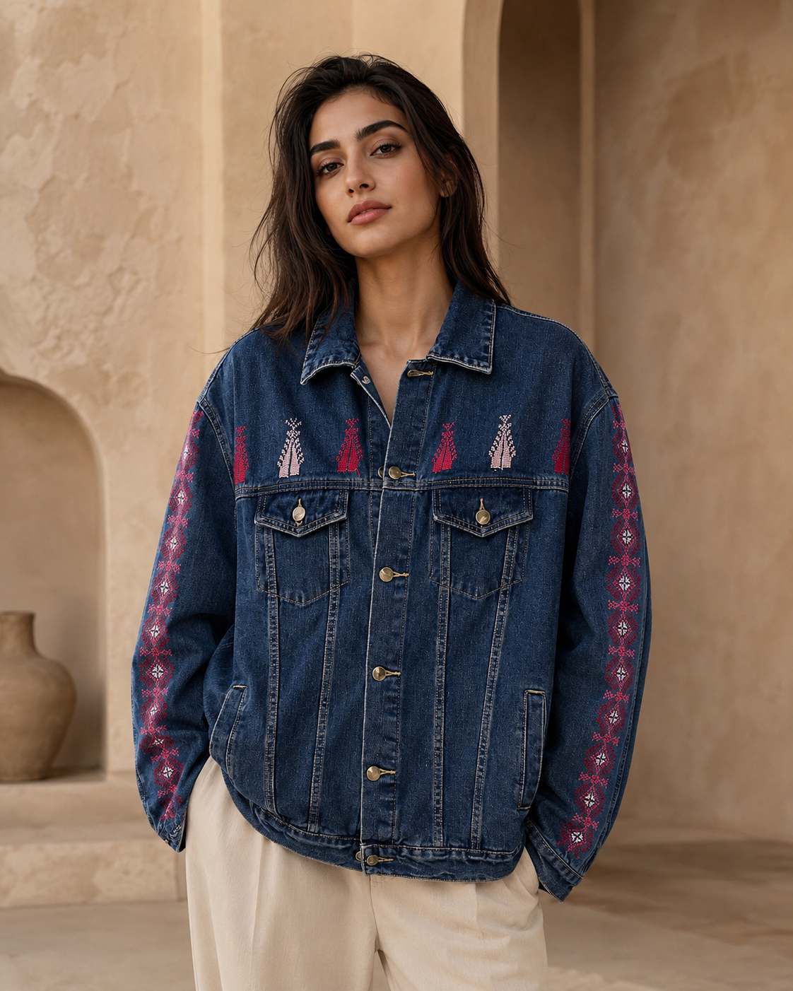Edmonds Handmade Burgundy Tatreez Denim Jacket – Heritage Collection