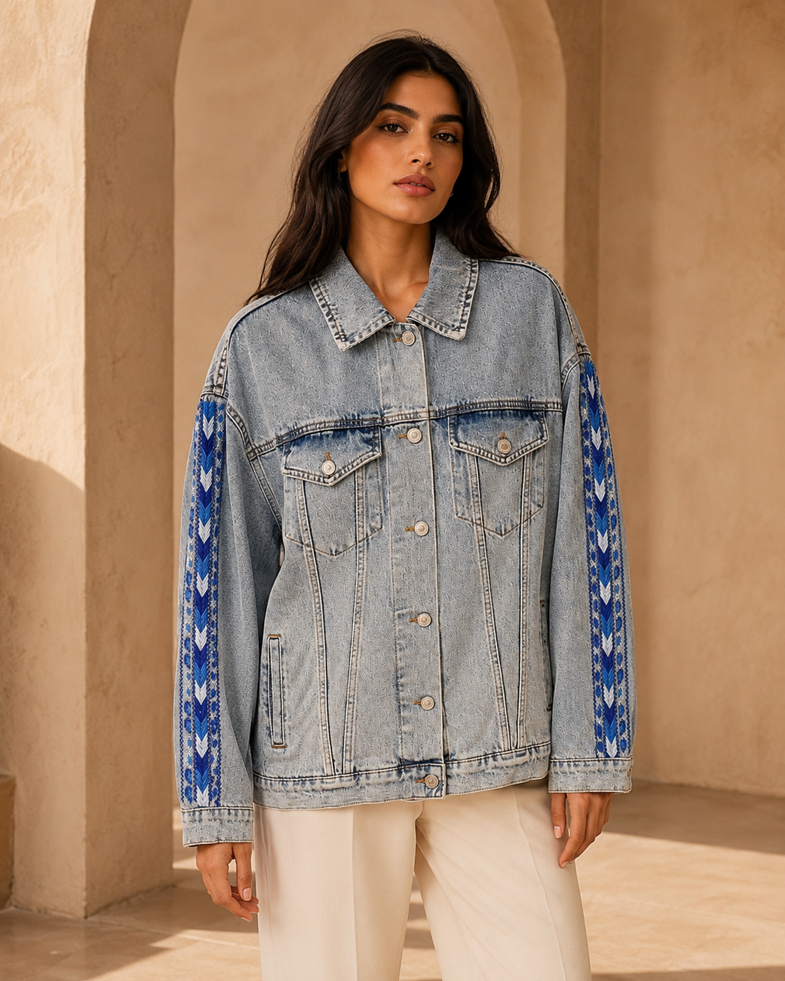 Edmonds Handmade Blue Tatreez Denim Jacket – Heritage Sleeve Edition