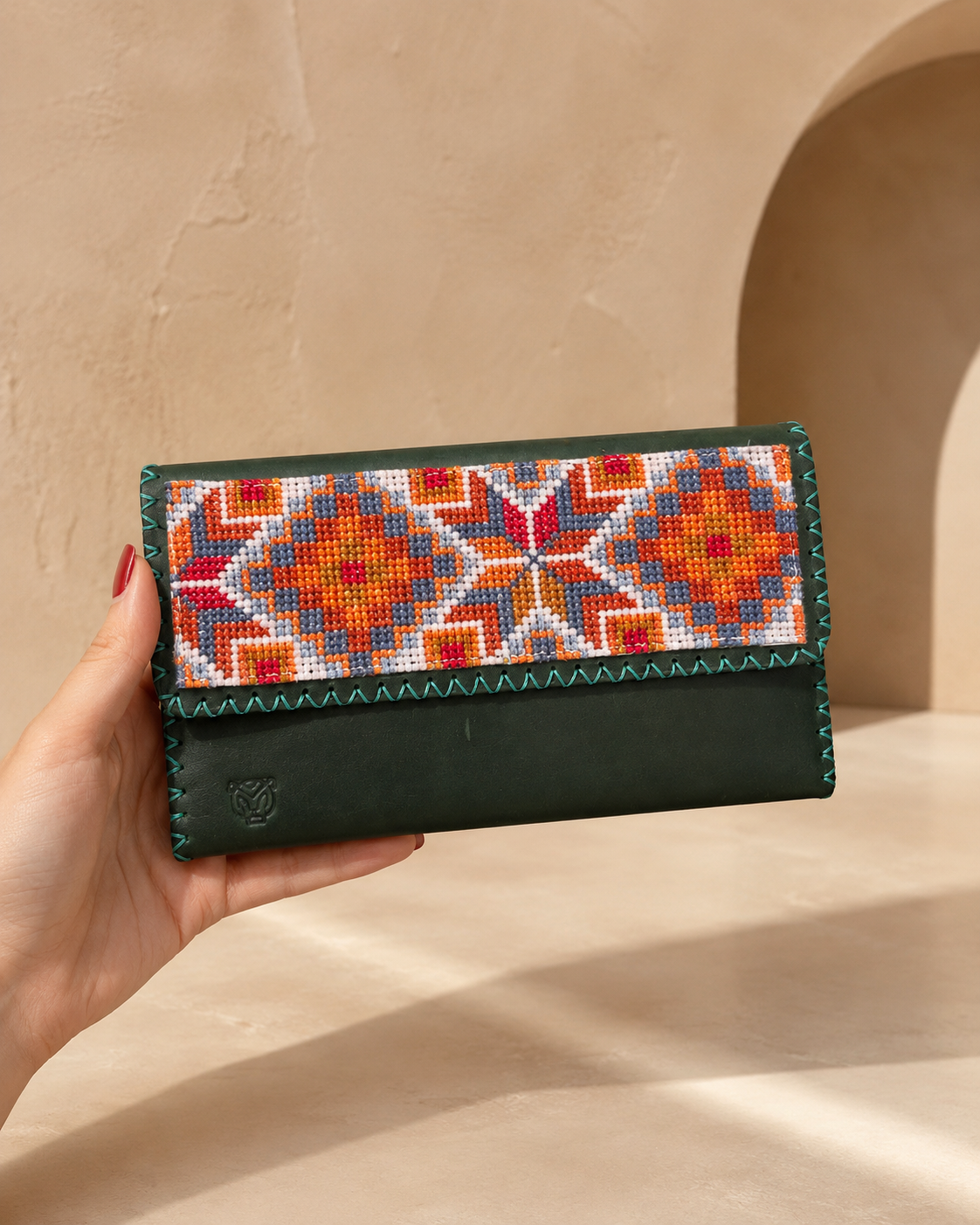 Edmonds Handmade Tatreez Leather Clutch – Olive Heritage