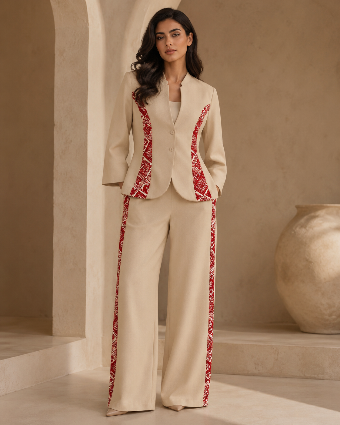 Edmonds Tatreez Tailored Set – Ivory & Red