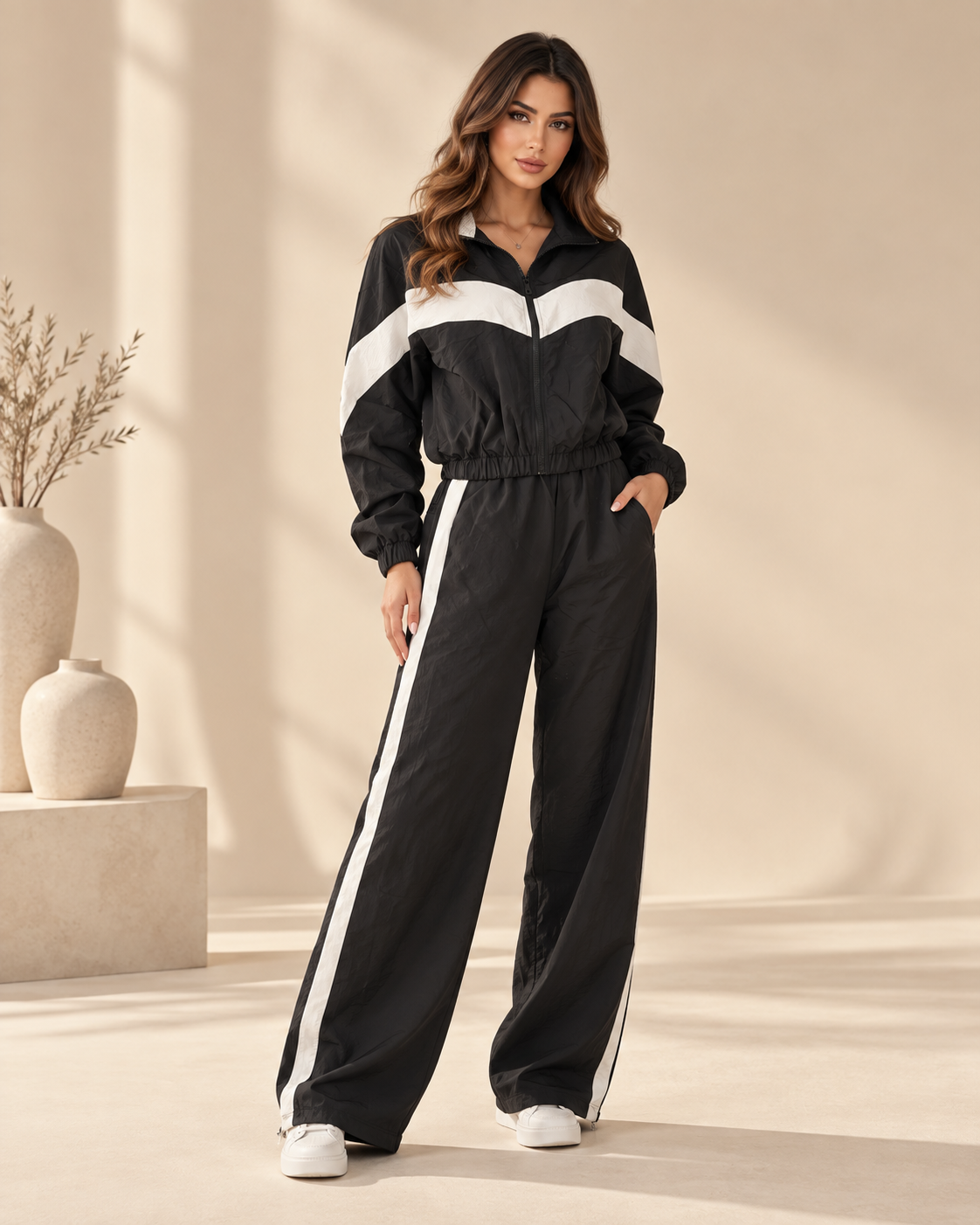 Contrast Stripe Tracksuit Set – Black & White