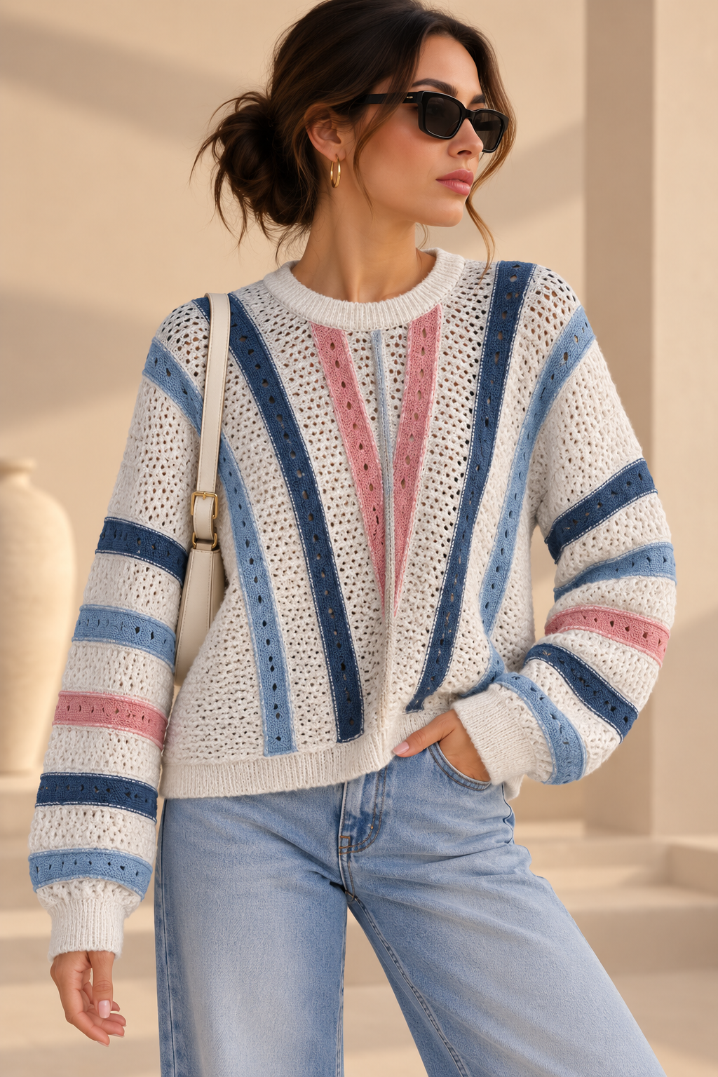 Open-Knit Color Block Sweater – Ivory Multi