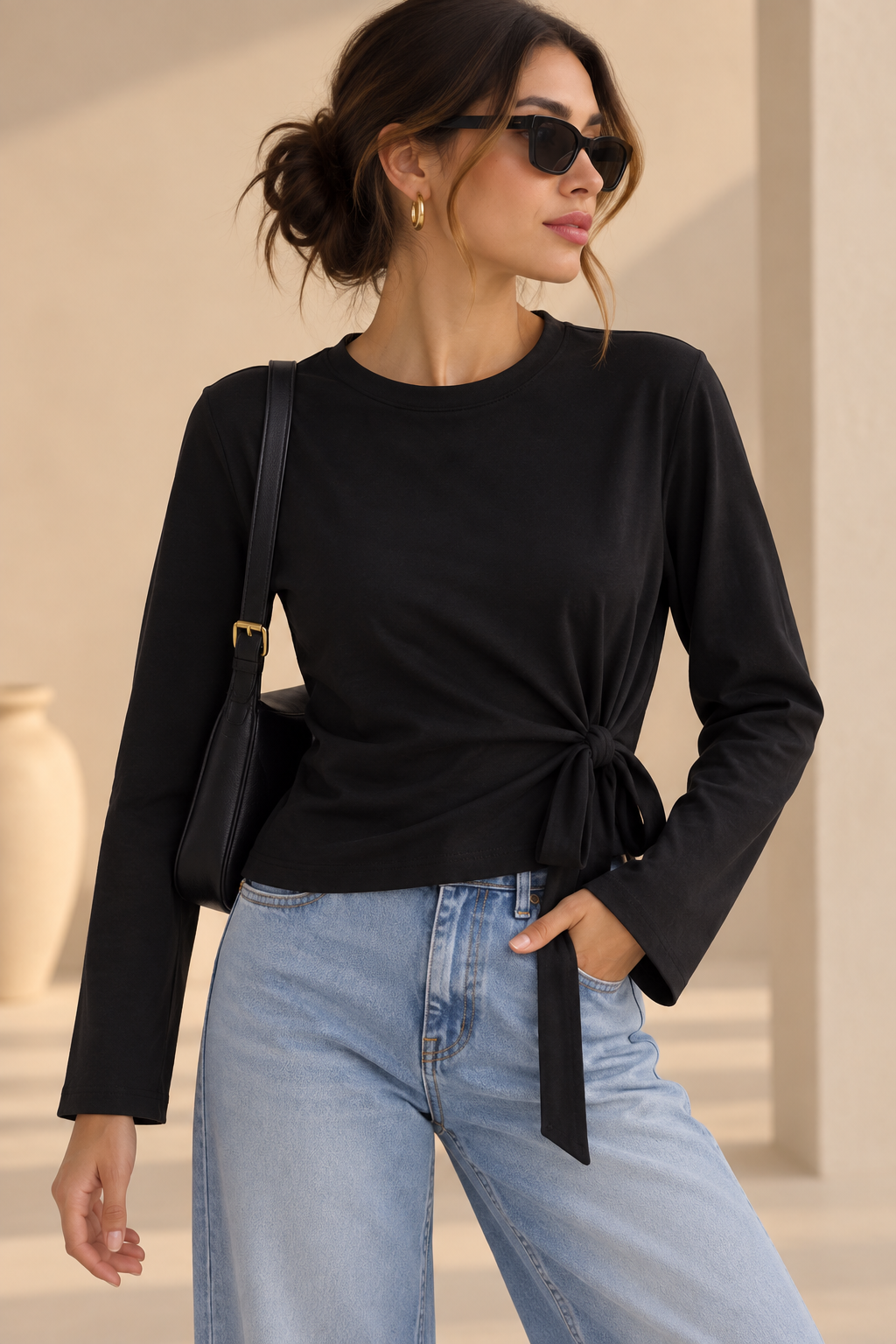 Side Tie Long Sleeve Top – Black