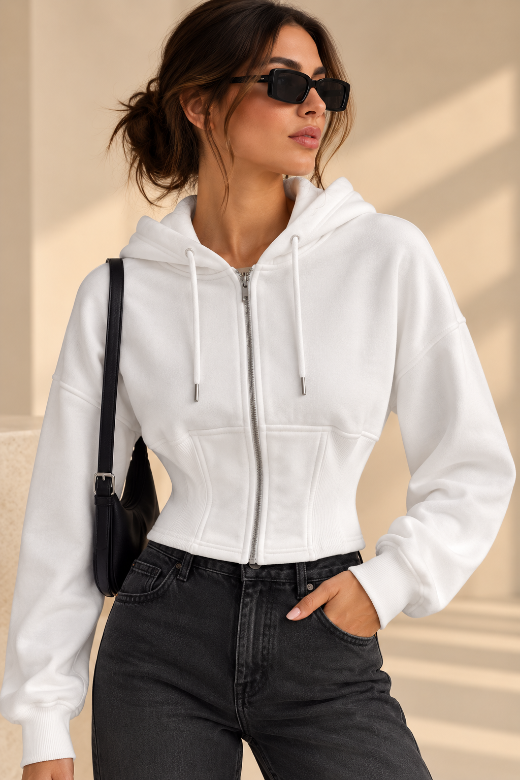 Corset-Waist Zip-Up Hoodie – White