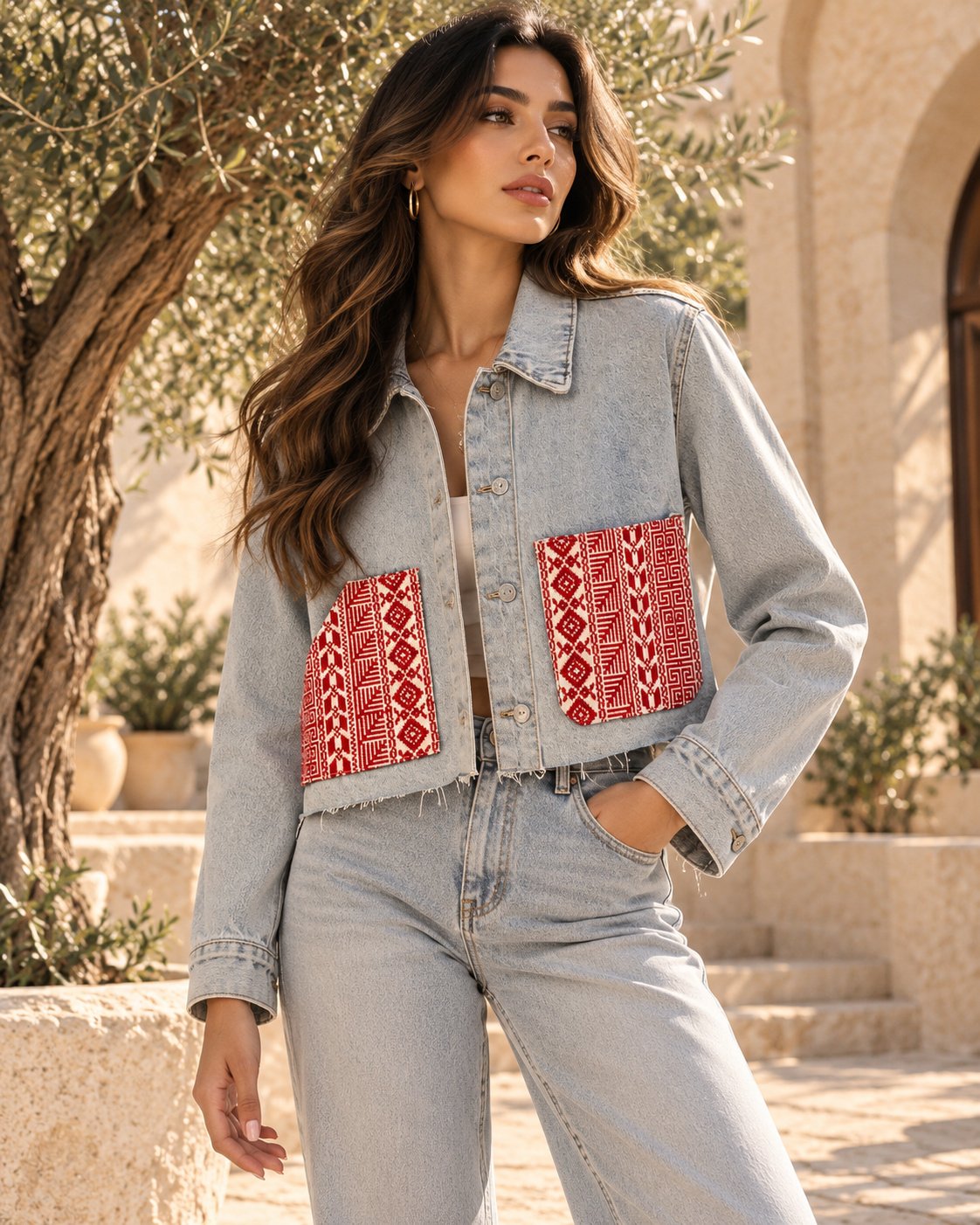 Palestinian Tatreez Cropped Denim Jacket