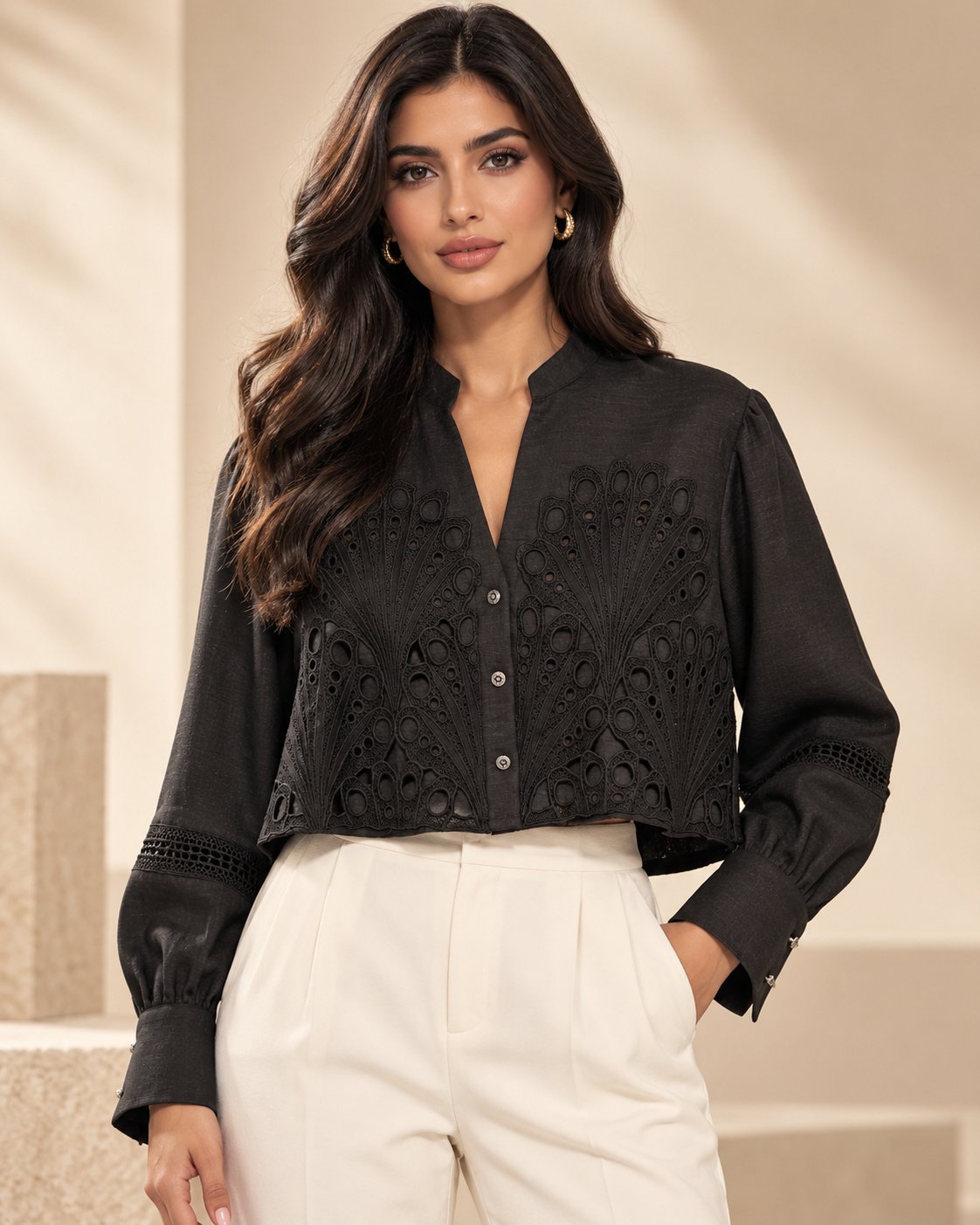 Elegant Black Embroidered Cropped Blouse