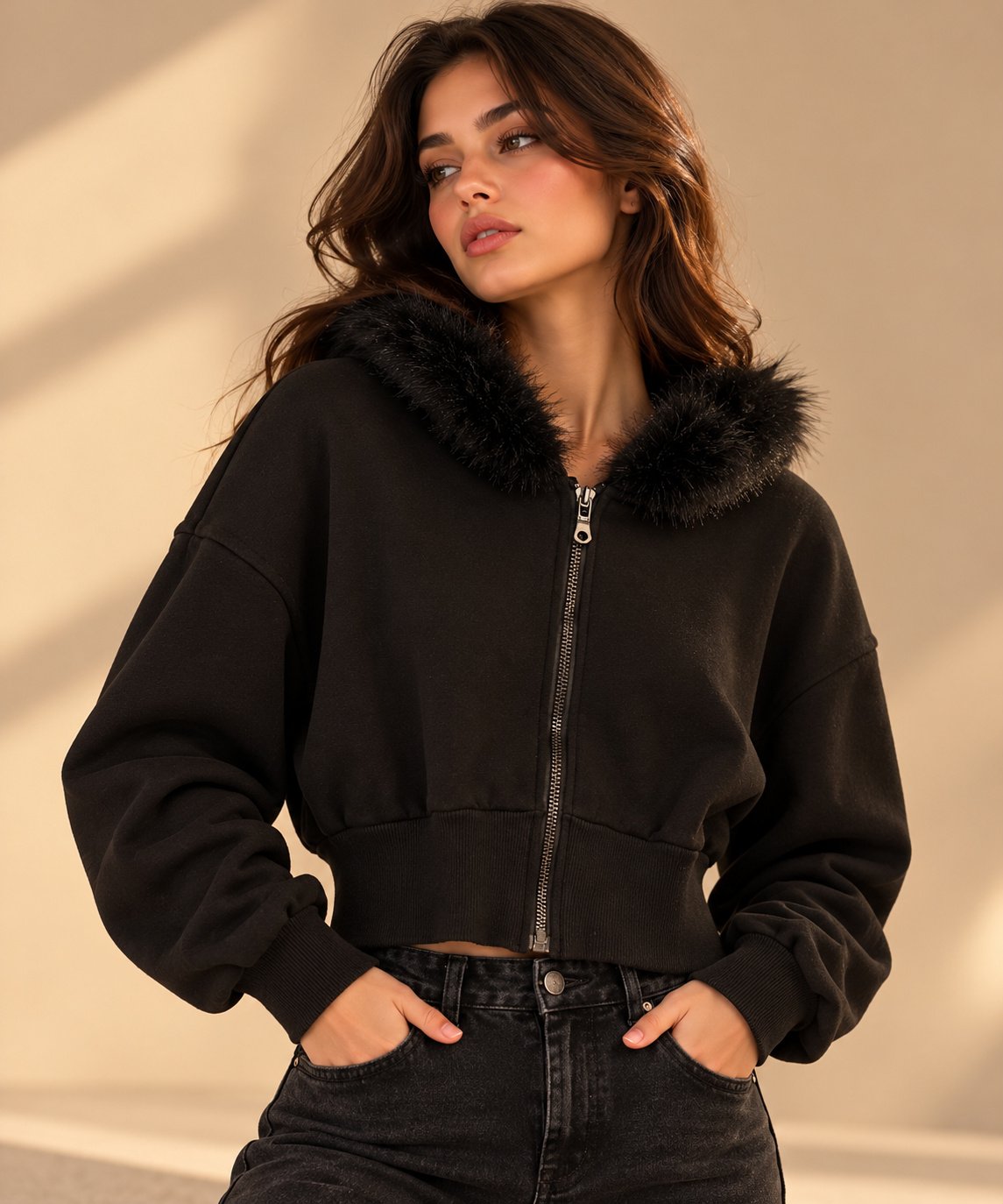 Black Faux Fur Trim Cropped Zip-Up Hoodie