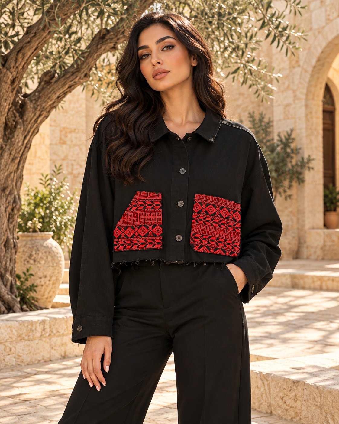 Palestinian Tatreez Cropped Denim Jacket