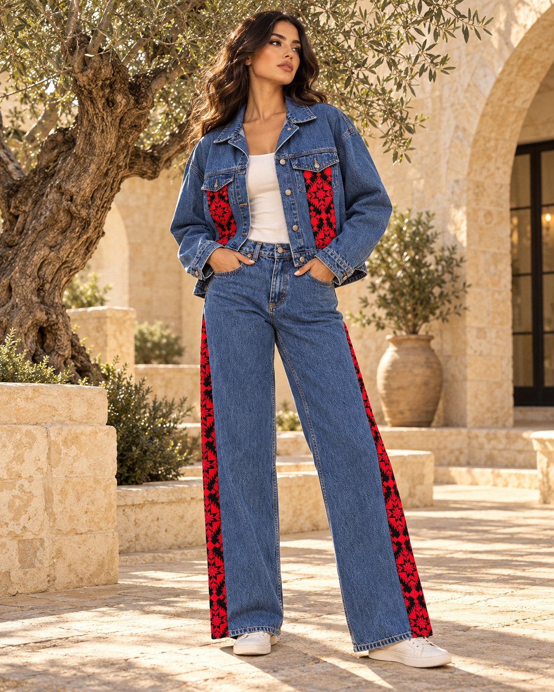Palestinian Tatreez Embroidered Denim Jacket & Wide-Leg Jeans Set