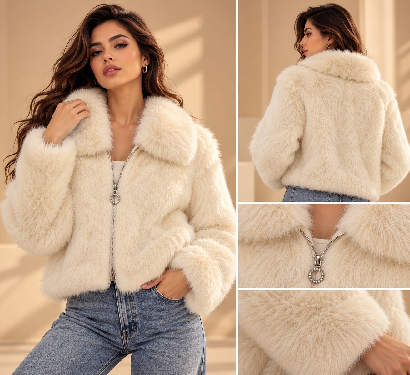 Ivory Luxe Faux Fur Zip-Up Jacket - Image 2