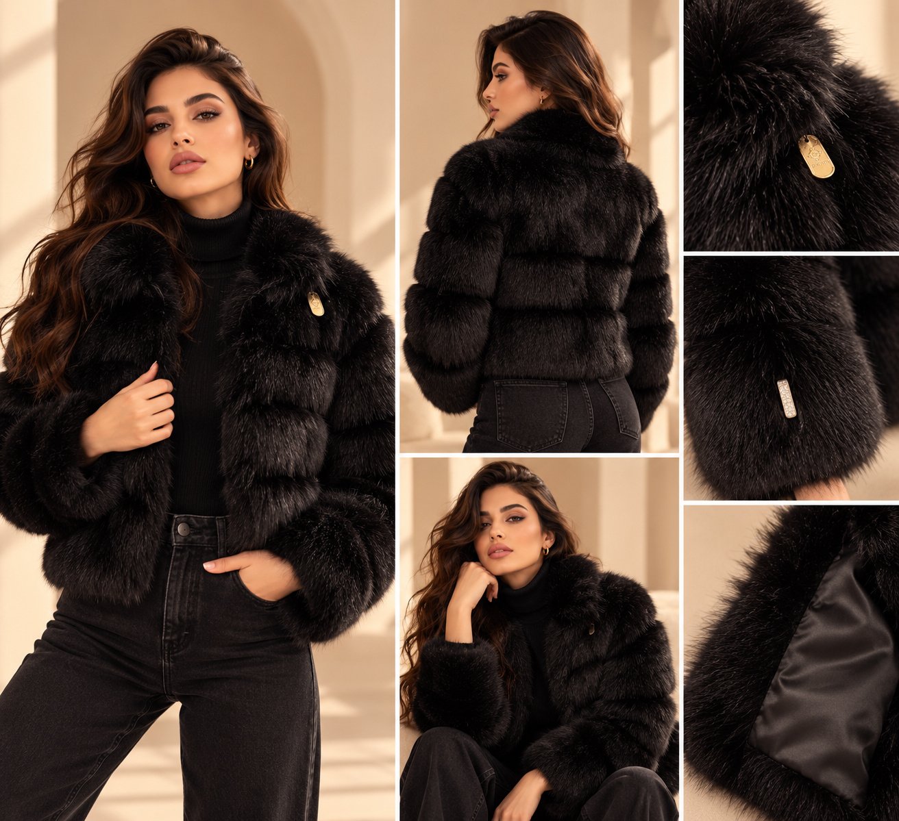Luxe Black Faux Fur Cropped Jacket - Image 2