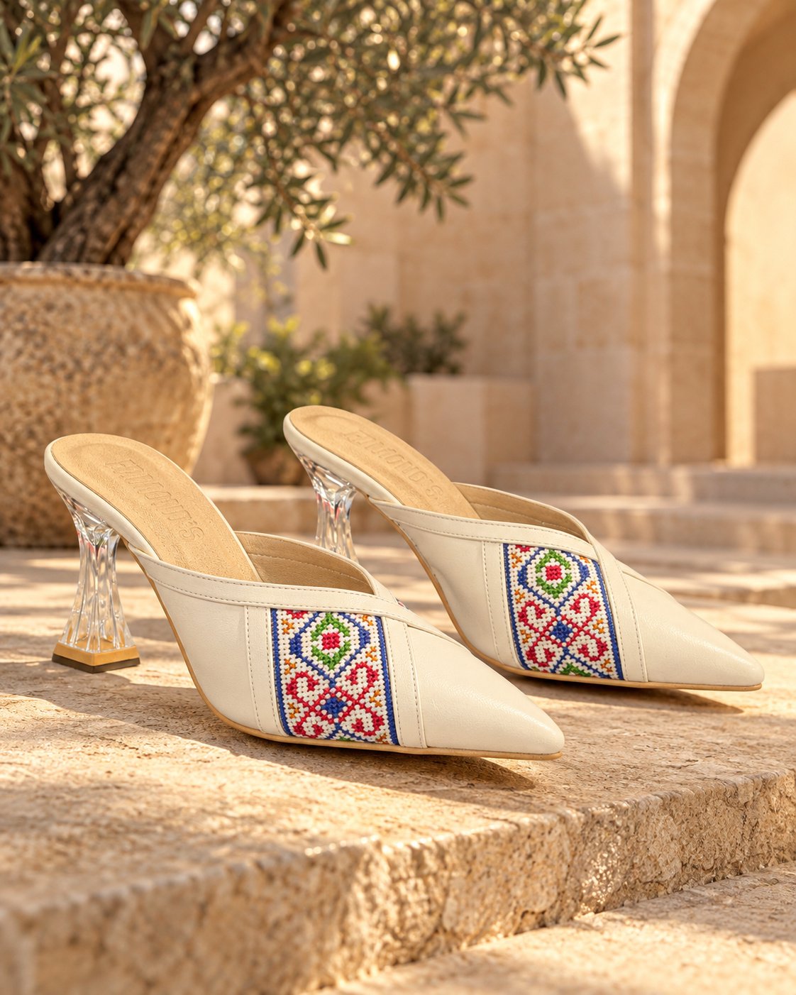 Palestinian Tatreez Embroidered Clear Heel Mules – Ivory