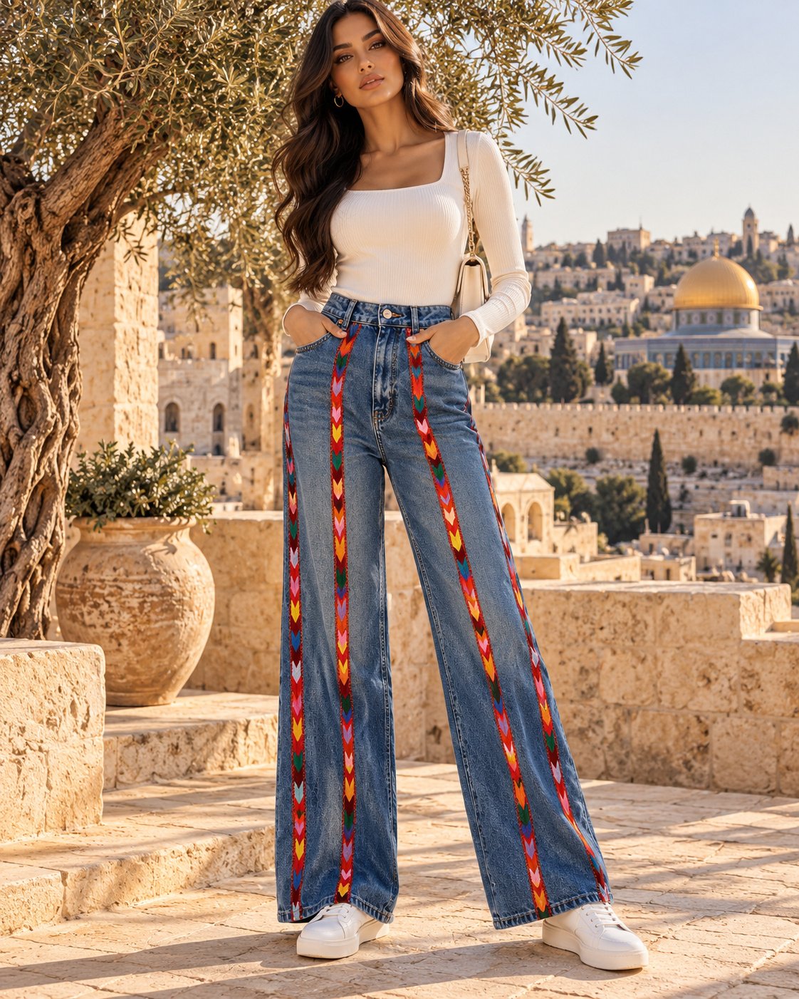 Jerusalem Heritage Multicolor Tatreez Wide-Leg Jeans