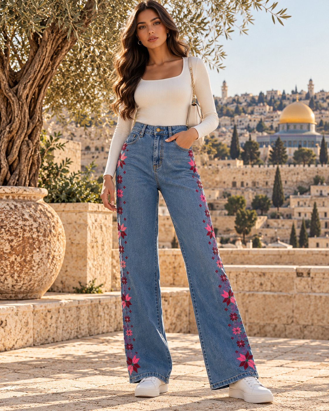 Jerusalem Blossom Tatreez Wide-Leg Jeans