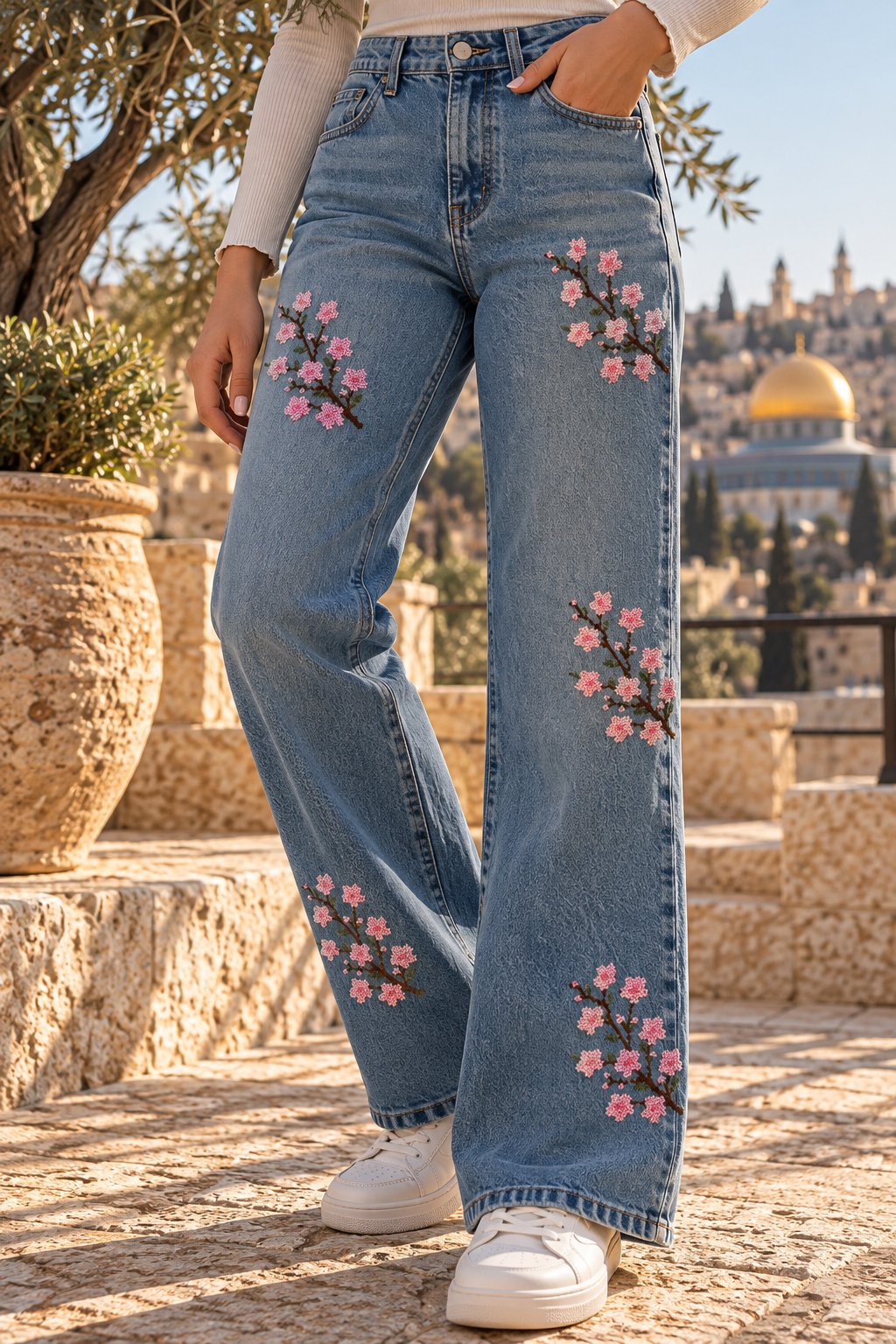 Jerusalem Pink Blossom Tatreez Wide-Leg Jeans - Image 2