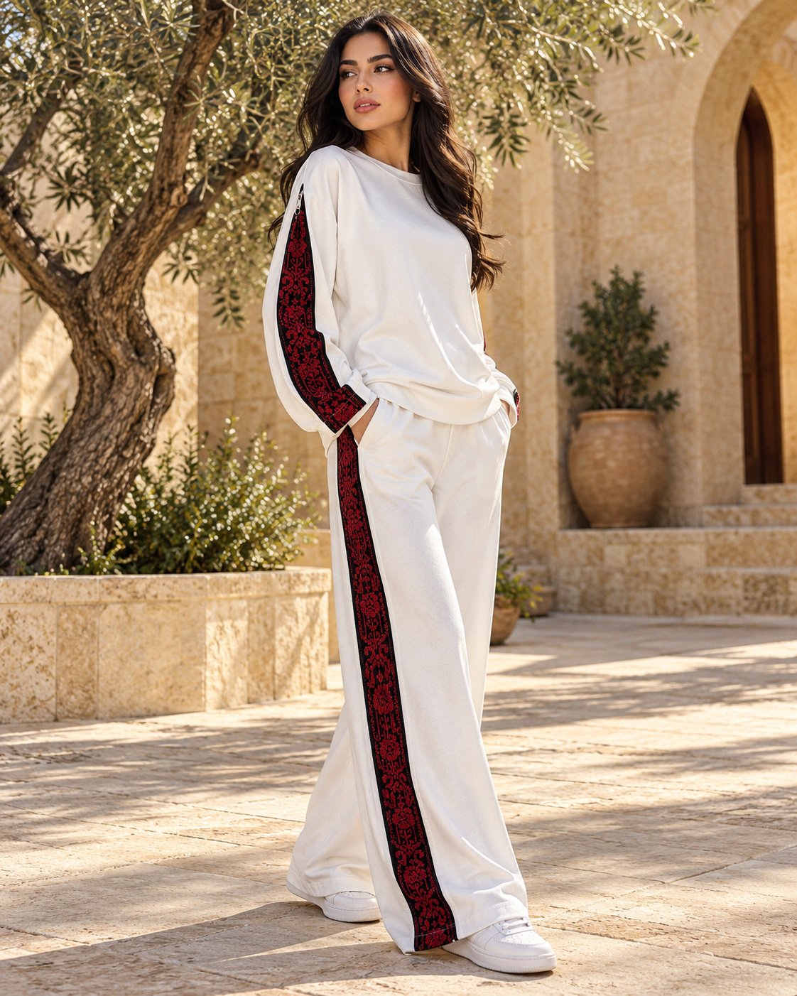 Palestinian Tatreez Black & Red Embroidered White Zipper Tracksuit Set