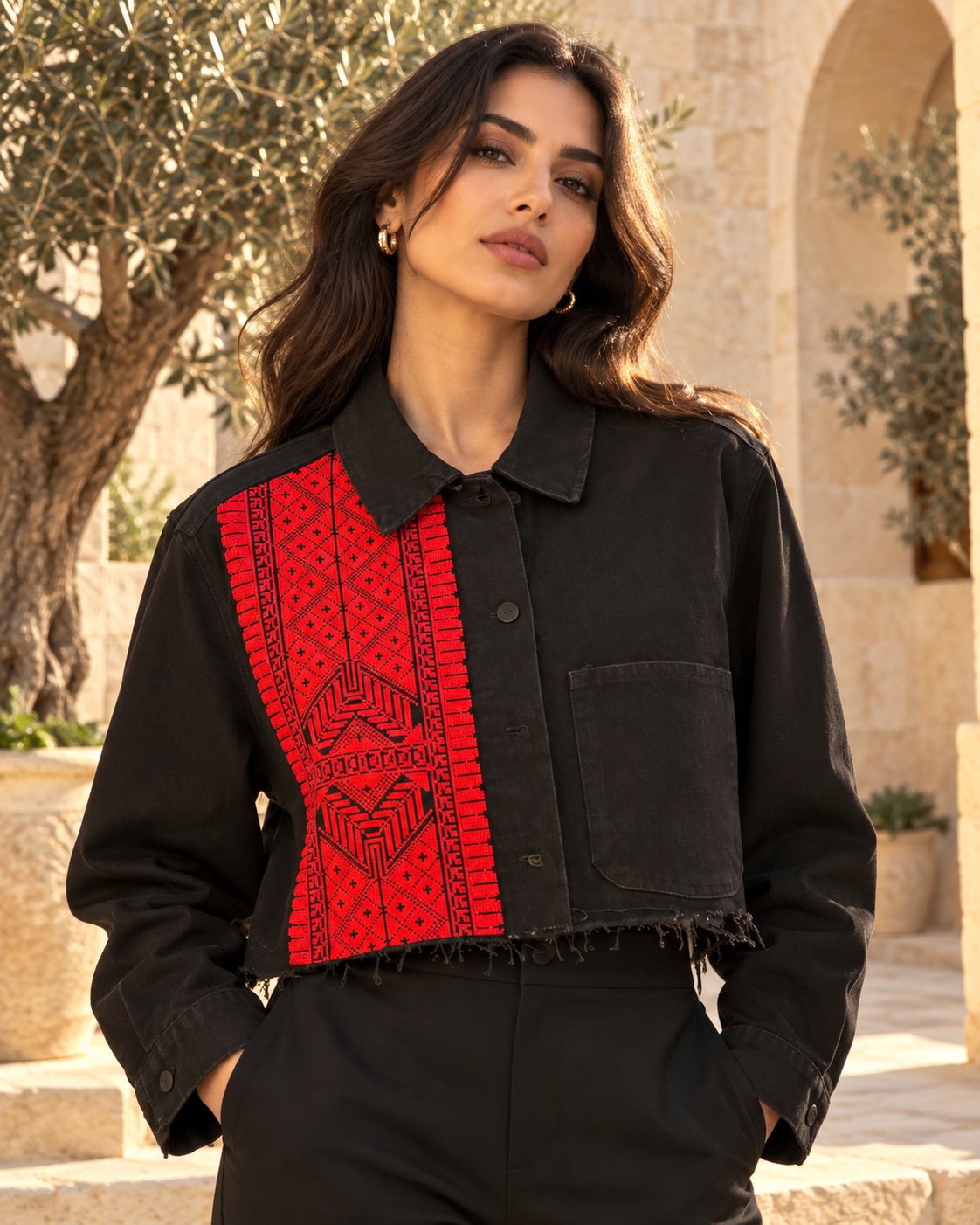 Palestinian Tatreez Asymmetric Cropped Denim Jacket
