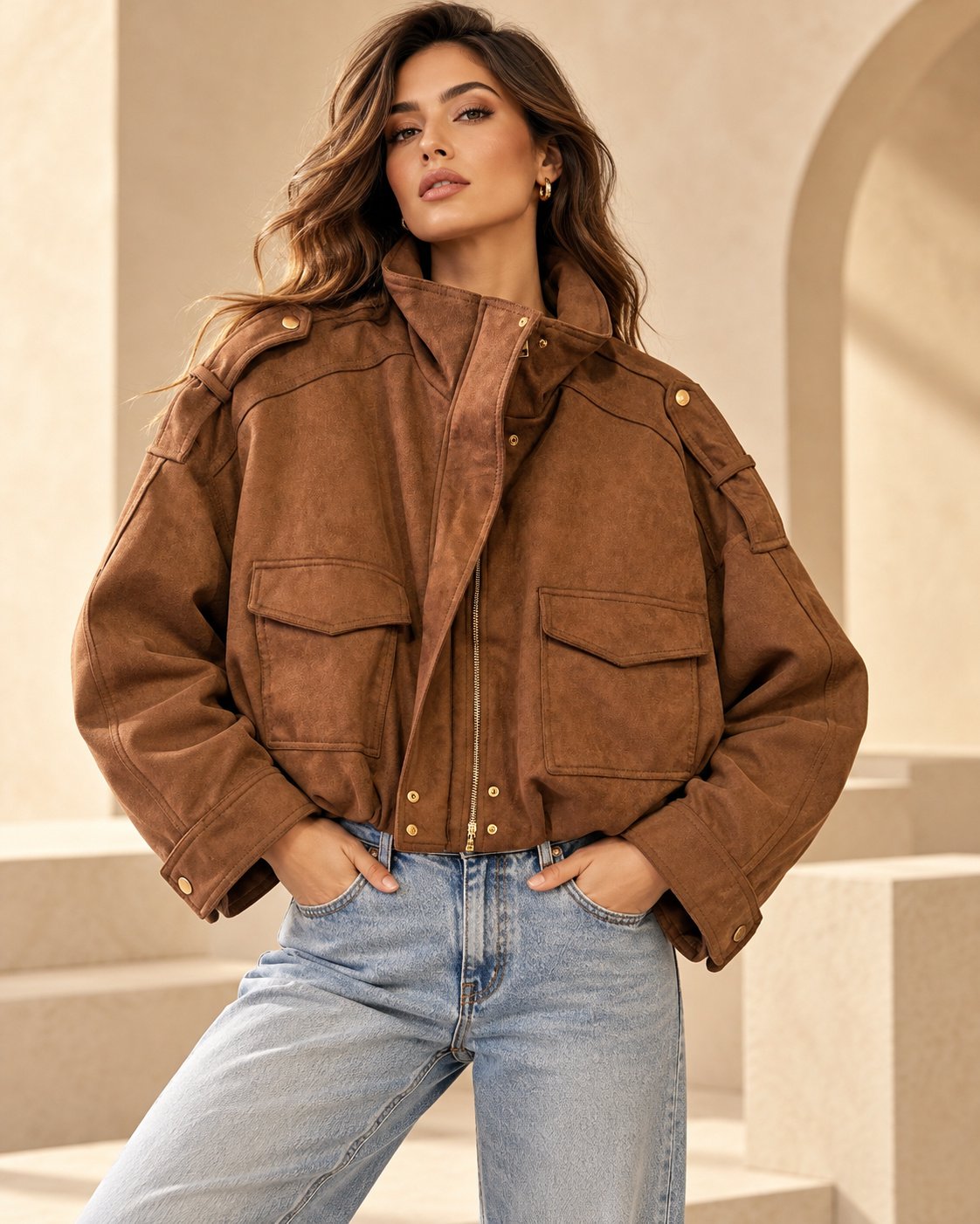 Vintage Suede-Look Cropped Utility Jacket