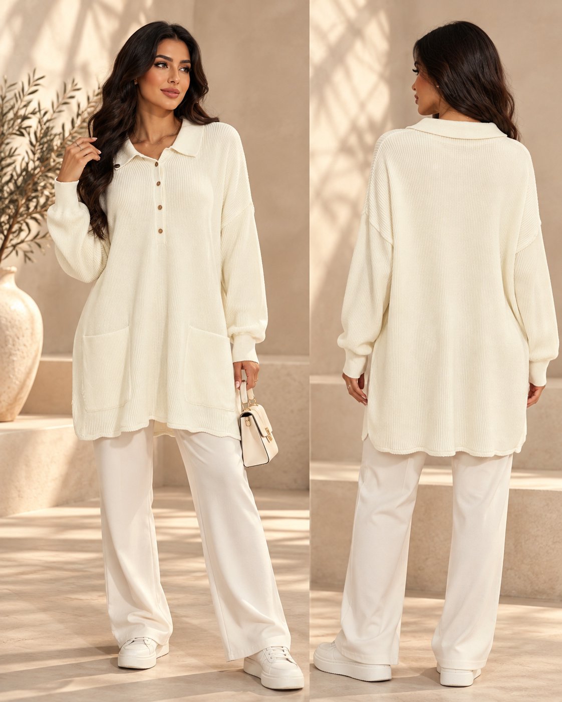 Oversized Ribbed Knit Polo Tunic