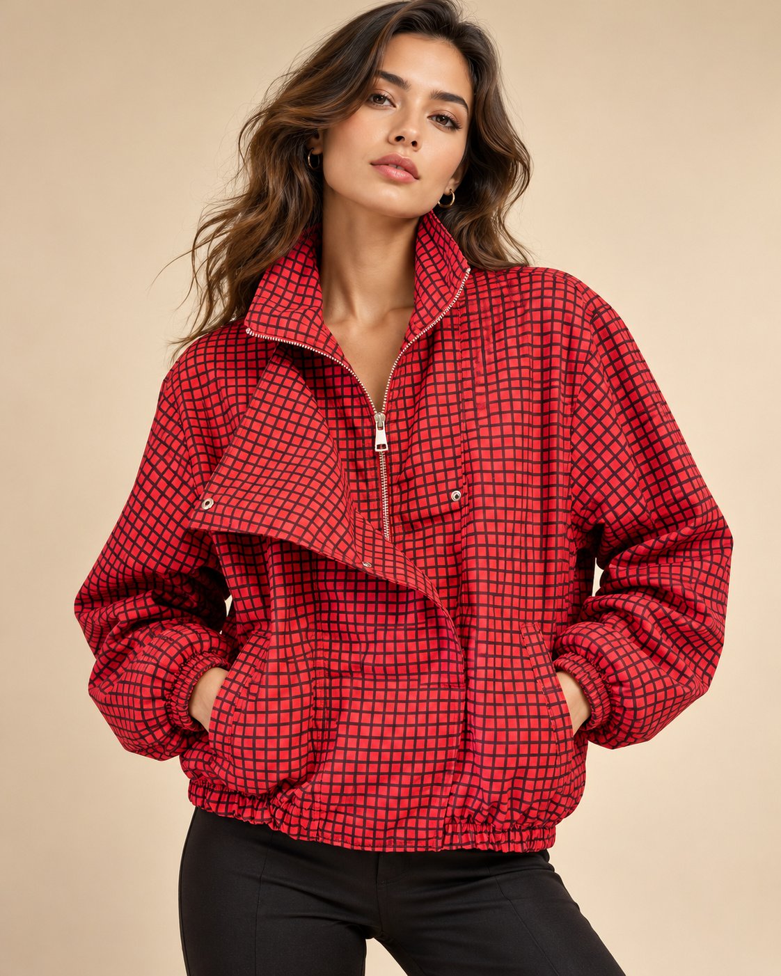 Red & Black Checkered Zip-Up Bomber Jacket