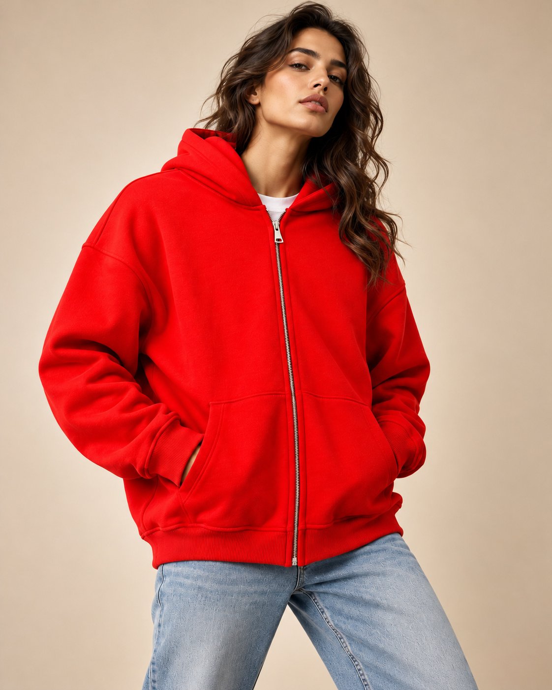 Oversized Zip-Up Hoodie – Red